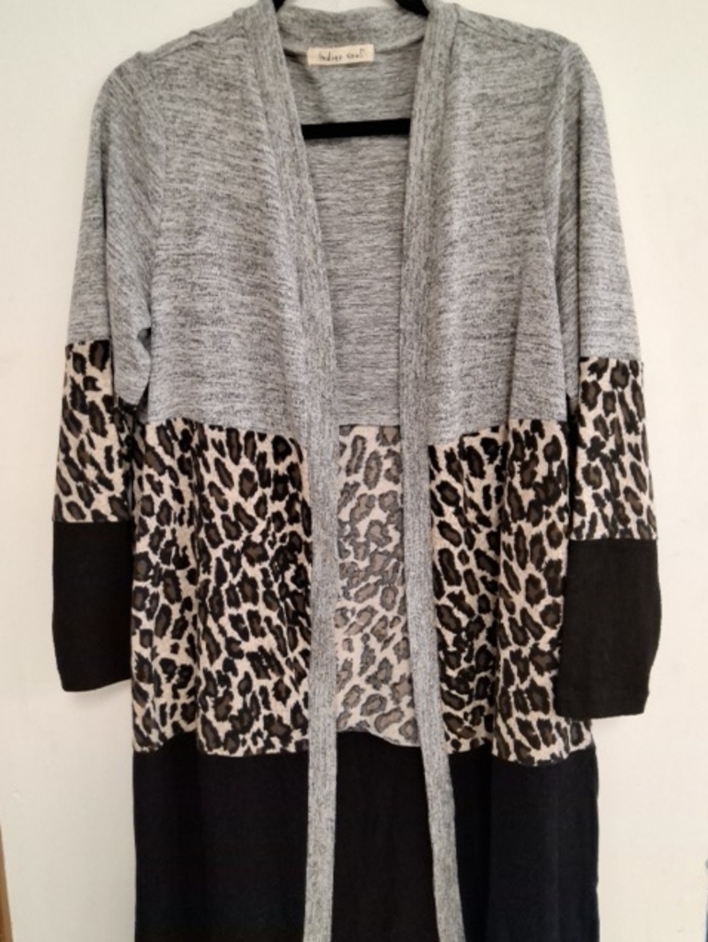 Indigo Soul Gray Leopard Print Open-Front Cardigan with Black Trim